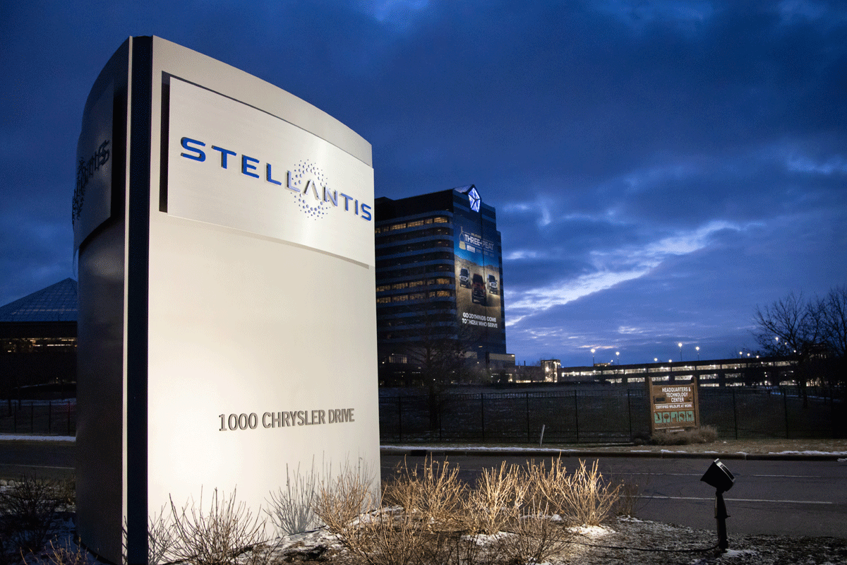 Stellantis Sign North American office in Auburn Hills Michigan night (Credit: Stellantis)